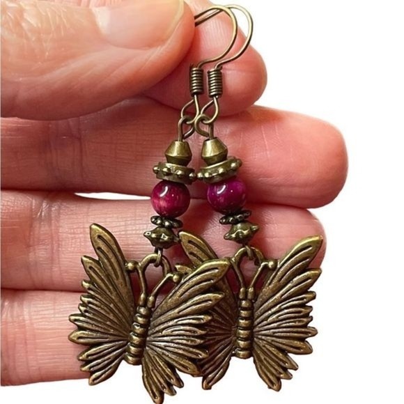 Hand Crafted Artisan Earrings Brass Butterfly Pendant Earrings Pink Boho#181 - Picture 1 of 8